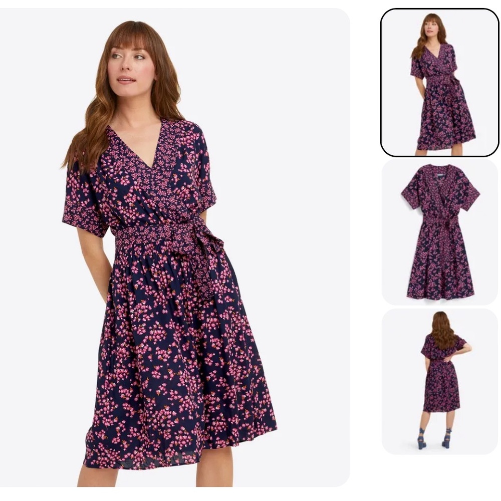 DRAPER JAMES Miranda Wrap‎ Dress Navy Cherry Blossom Size Small Midi Length